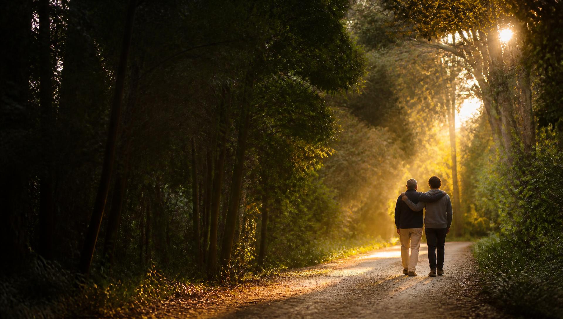 Dos personas caminando juntas por un bosque iluminado